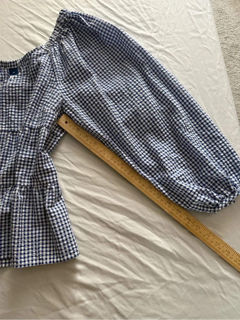 Old Navy Blue and White Gingham Puff-Sleeve Peasant Blouse